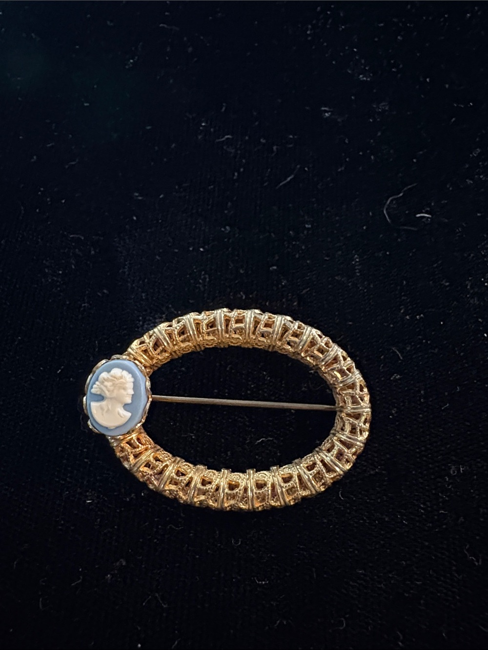 Gold-Tone Oval Cameo Brooch - Blue & White Cameo Accent